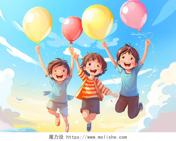 六一儿童节可爱小学生快乐玩气球场景